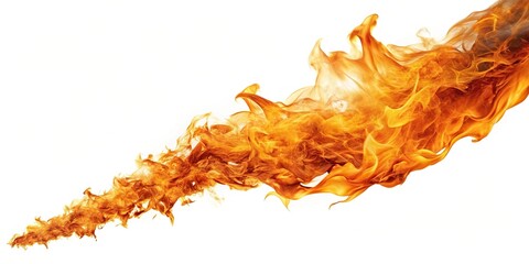 Tilted angle flames streaking right on white background