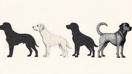 Four Dogs in Silhouette, Line Art Style