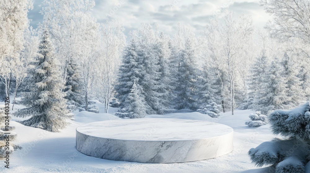 Poster abstract winter scenery featuring a pedestal for product presentation 3d rendering