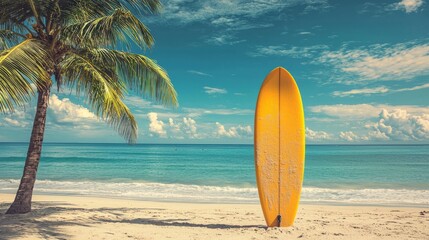 Bright yellow surfboard standing upright on a tropical beach
