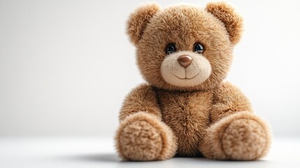 A brown teddy bear with a friendly smile sitting on a white background.