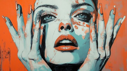 Abstract modern portrait of a woman featuring twelve fingers and elongated fingernails