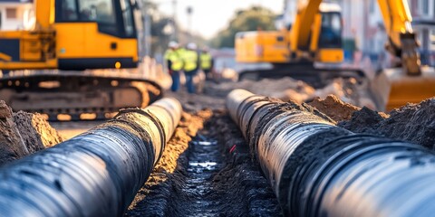 A construction site featuring large underground pipelines being installed