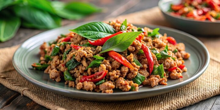 Tilted angle pad kra pao spicy fried mince pork with basil leaves