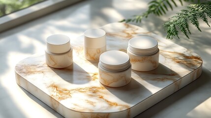 Four white jars with lids on a marble tray, illuminated by sunlight streaming through a window.