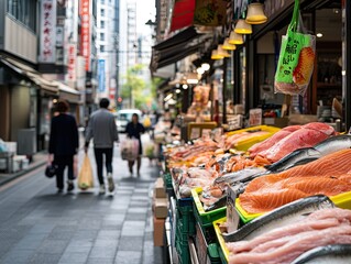 Obraz premium Modern Fish Stalls at Tsukiji Market in Tokyo