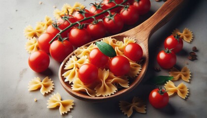 Raw farfalle pasta and raw cherry tomatoes in wooden spoon