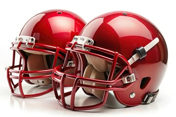 Fototapeta premium Tilted angle red American football helmets on white background
