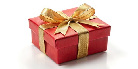 Obraz premium Tilted angle red gift box with golden ribbon on white background