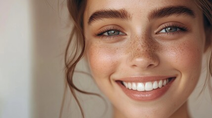 Beauty Closeup of a Healthy Skin Face with Natural Makeup on a Smiling Young Female Model