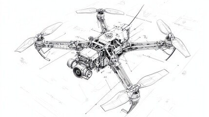 Fototapeta premium A detailed black and white technical sketch of a quadcopter drone. The drone features complex