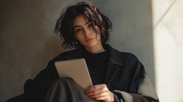 Androgynous Individual Using Digital Tablet with Neutral Backdrop - Powered by Adobe