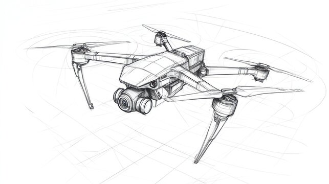 recommend clip art: A detailed line drawing of a quadcopter drone, with propellers and a mounted camera