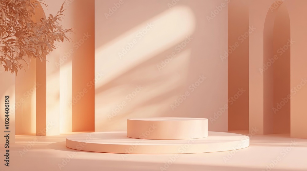 Aufkleber 3D podium display featuring geometric beige tones Abstract showcase with a white and coral studio backdrop ideal for product promotion or branding offering ample copy space Trendy 3D render mockup