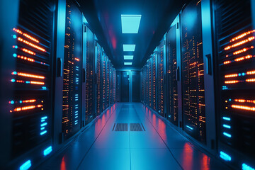 Obraz premium Data center with glowing servers, blue lighting