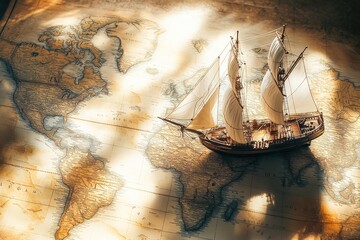 A detailed miniature ship with white sails rests on a large, vintage world map, illuminated by warm