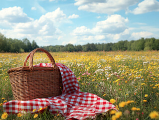 basket filled with yellow flowers, placed on a grassy field with white clouds in the background.