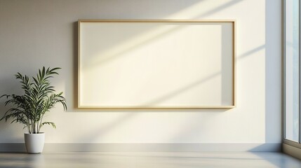 Blank picture frame on wall with sunlight and plant.