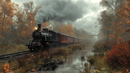 Steam Locomotive in Autumn Forest