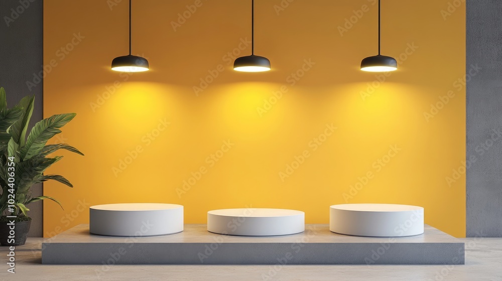 Poster 3D visualization of three podiums set against a yellow backdrop with suspended lighting for product showcase
