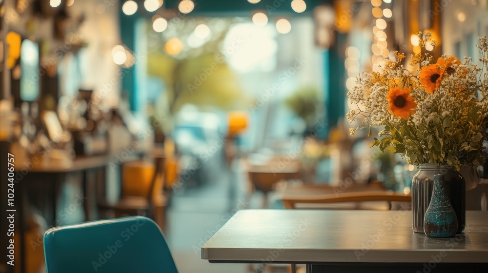 Aufkleber Blurry Background Interior Design Featuring Bar Table and Chairs with Decorative Elements in Indoor Space Blurred Background of a Cafe Coffee Shop with Light Bokeh Effect in a Retail Setting