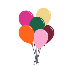 Air balloons bunch tied with string. Festive baloons bundle floating, flying up. Holiday decoration. Helium plastic birthday decor. Flat graphic vector illustration isolated on white background