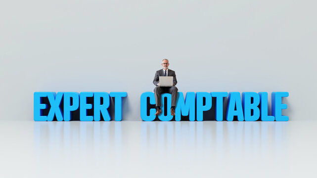titre Expert comptable avec un homme en costume assis dessus avec  un laptop
