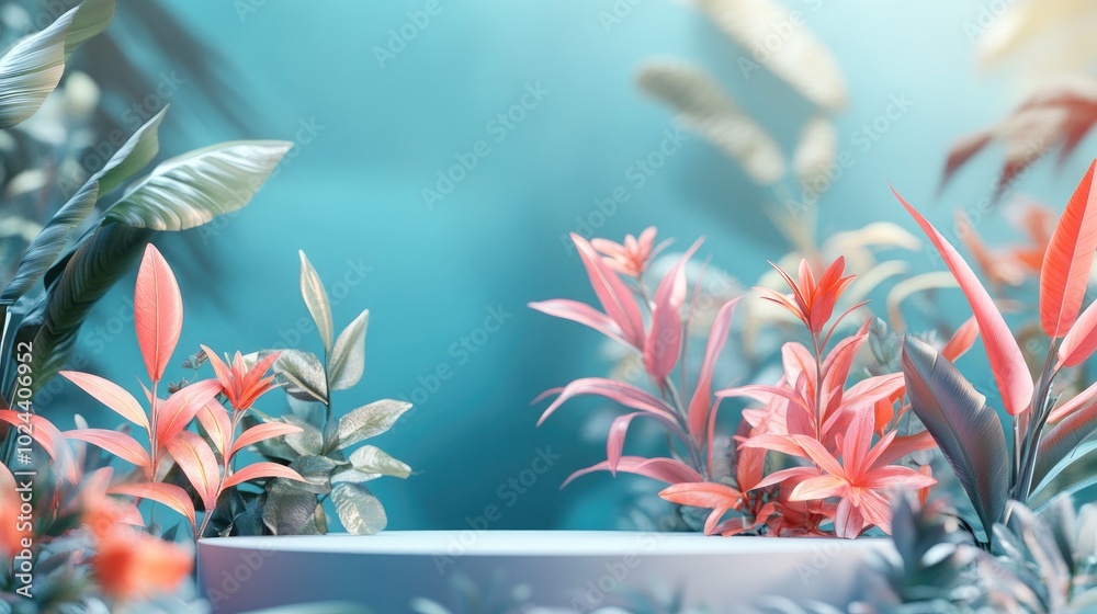 Poster 3d rendering of an abstract podium display featuring tropical leaves and coral pink plants ideal for