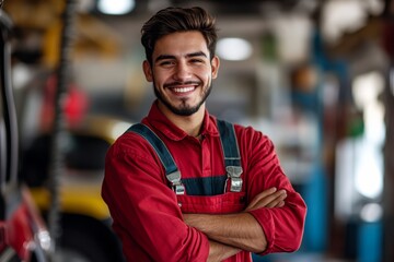 Man in a red shirt is smiling and posing for a picture. He is wearing a safety harness and he is a mechanic. smiling mechanic in a red shirt and red overalls stands under a car,