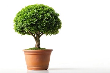 Tilted angle tree in a pot isolated on white background