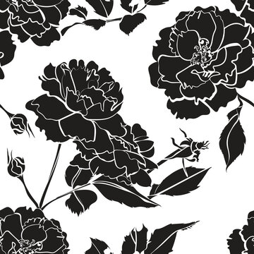 SS 2025 Black velvet rose seamless pattern for fashion, homeware, activewear, swimwear.