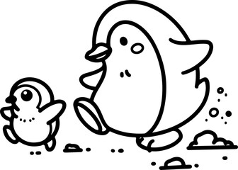 Cartoon penguins walking in line, hand-drawn in-line art style. Vector illustration, isolated for easy use in kid's designs, playful projects, and winter-themed creations.