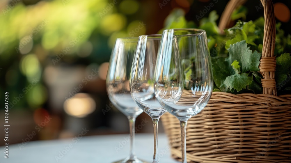 Aufkleber Close Up of Inverted Glasses on a Table with a Wicker Basket in the Background