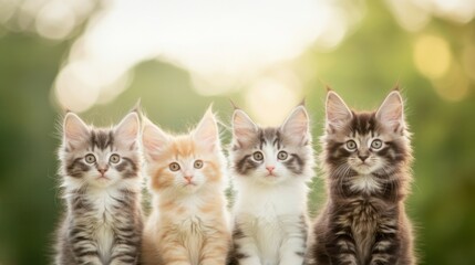 Four fluffy Maine Coon kittens sit closely together, enjoying the warm sunlight in a peaceful outdoor setting