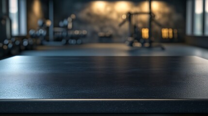  Black table top with gym background for product. Empty countertop mockup for sports nutrition or equipment. 