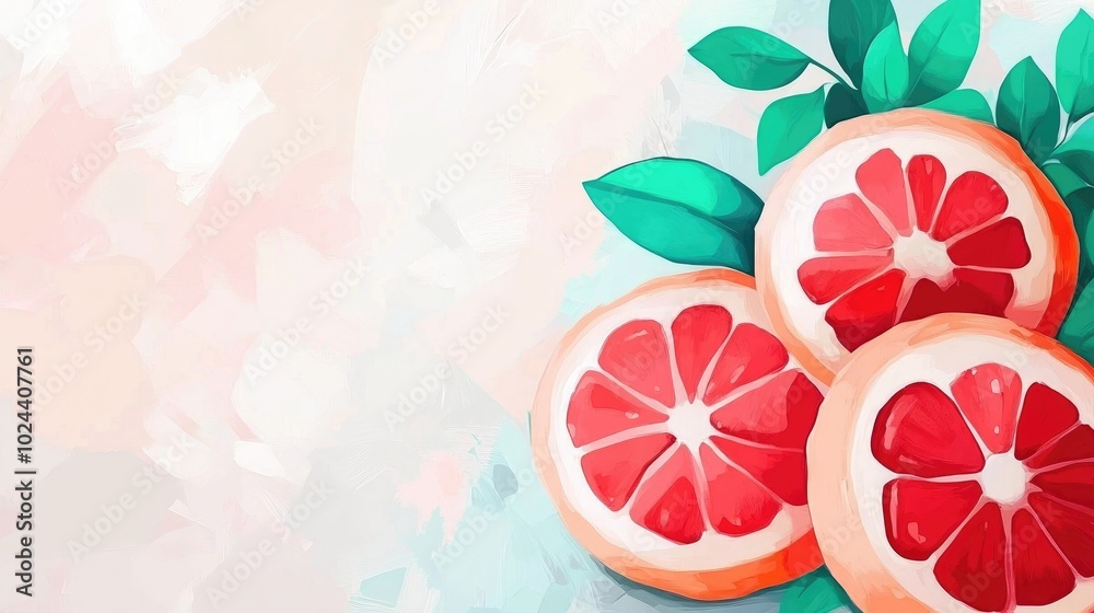 Poster Close up of sliced ripe blood oranges on a gray background showcasing their vibrant color and texture with space for text