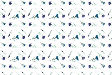 Cornflower field. Pattern of open blue cornflower flowers on green stem with leaves and buds. Hand drawn watercolor illustration for design of towel, kitchen napkins, fabric