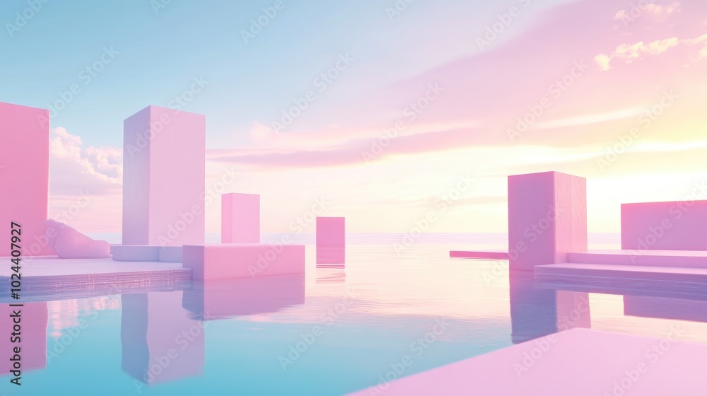 Poster 3D render of an abstract surreal pastel landscape featuring architectural elements and geometric shapes complemented by a beautiful gradient sky and a tranquil lake with calm water showcasing a mi