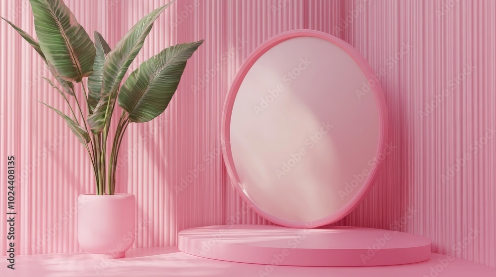 Aufkleber Abstract pink geometric shape backdrop featuring a frame and a plant creating a minimalist podium mock up scene 3D rendering