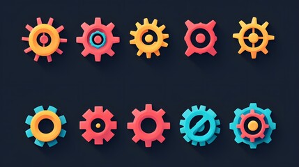 Colorful Gear Icons with Long Shadows on a Dark Background