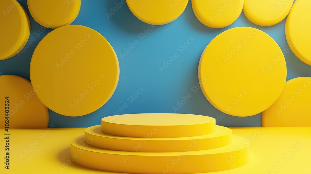 Aufkleber 3D rendering background featuring a podium with yellow circles