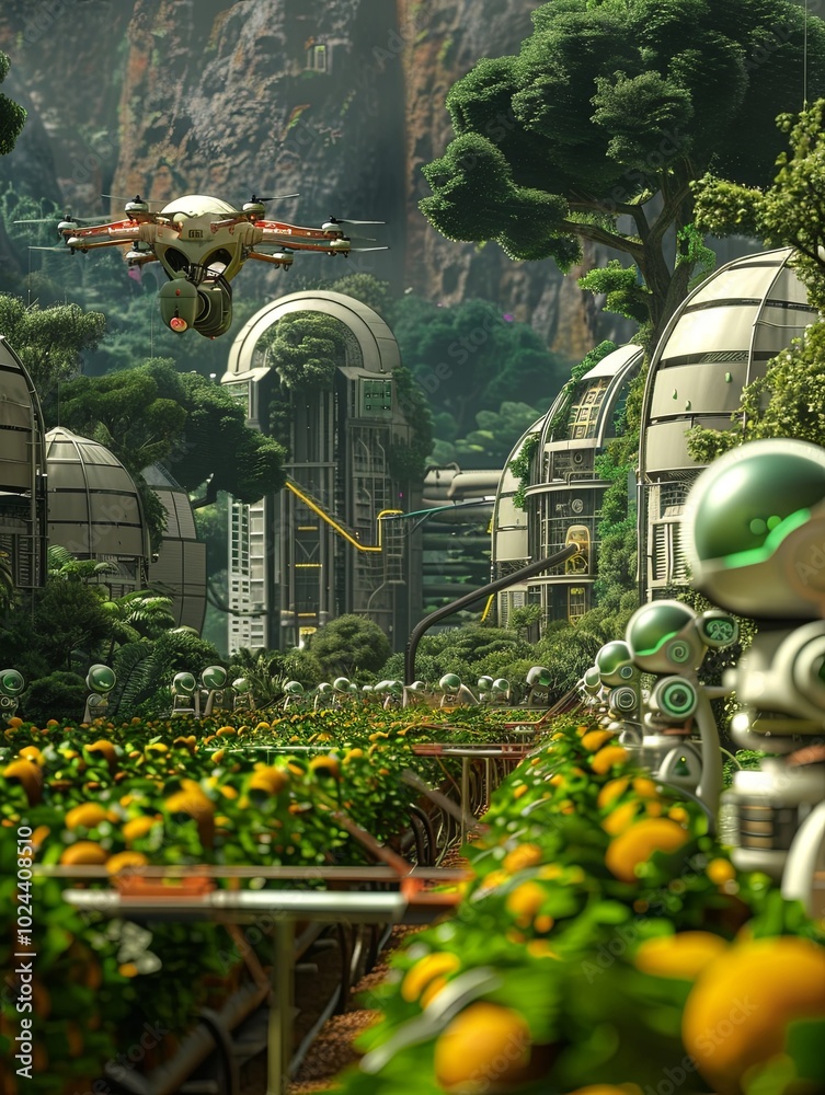 Aufkleber Advanced technology integrates drones and robots for efficient crop management and monitoring in a thriving, sustainable farm environment. Generative AI