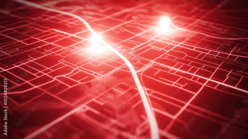 Poster Abstract map of streets featuring white lines on a vivid red background illuminated by two lights Aerial view in 3D rendering style