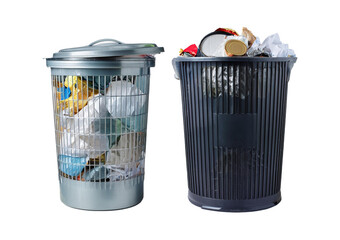 metal and plastic trash cans with garbage and paper waste isolated on transparent or white...