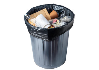 metal and plastic trash cans with garbage and paper waste isolated on transparent or white...
