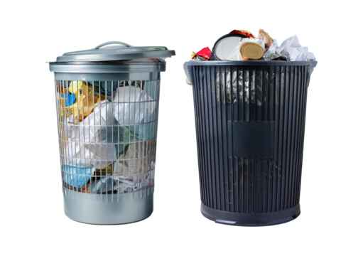 metal and plastic trash cans with garbage and paper waste isolated on transparent or white background