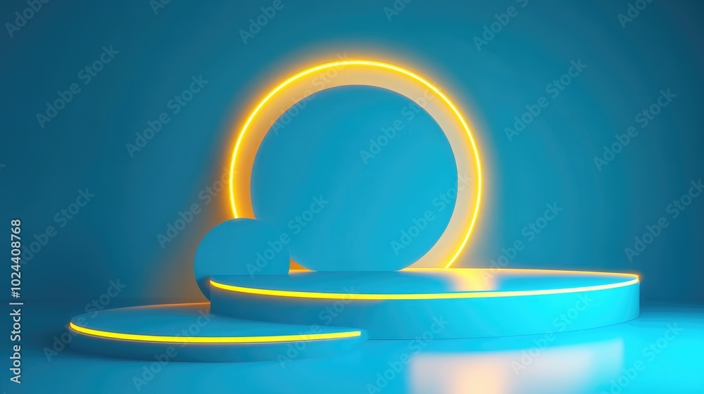 Aufkleber 3D render featuring a blue background with abstract geometric shapes illuminated by yellow neon light A contemporary minimalist setting suitable for product display