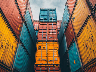 Fototapeta premium a collection of colorful, weathered shipping containers stacked on top of each other.