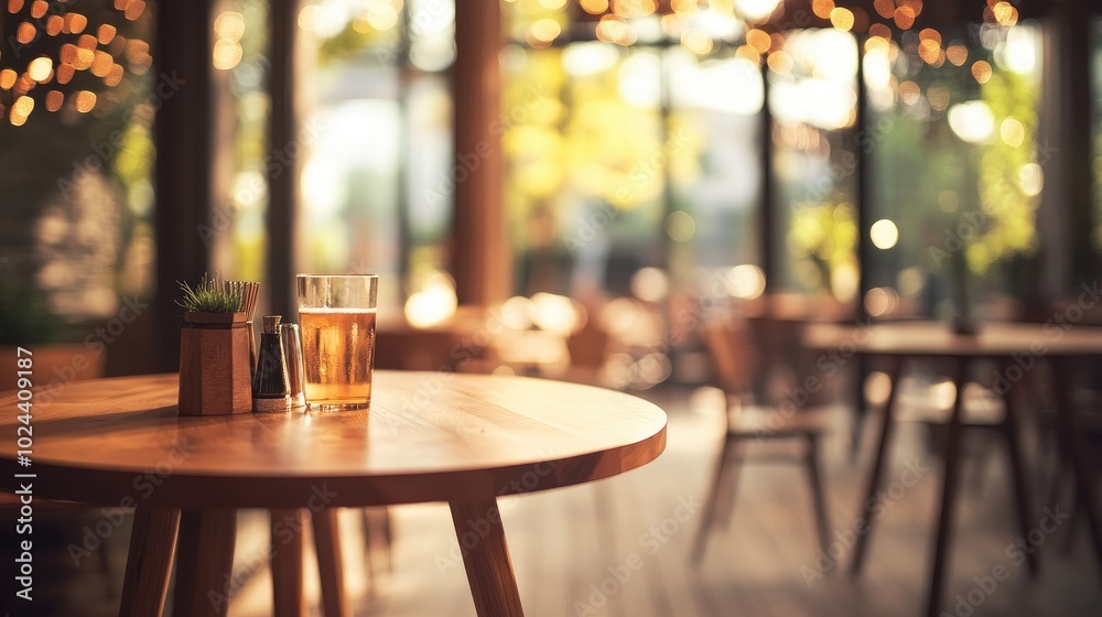 Poster Blurry Background Interior Design Featuring Bar Table and Chairs with Decorative Elements in Indoor Space Blurred Background of a Cafe Coffee Shop with Light Bokeh Effect in a Retail Setting