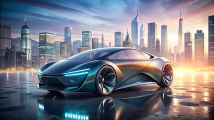 design of futuristic a car with light cityscape